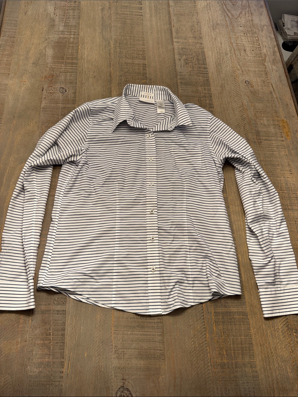 Liz Claiborne White Shirt with Thin Navy Stripes